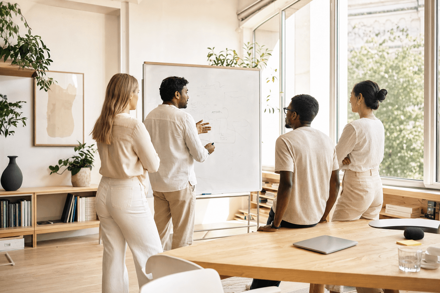 A team of four founders and operators standing around a whiteboard in a sunlit office, mid-discussion. Cream walls, blonde wood, large windows.